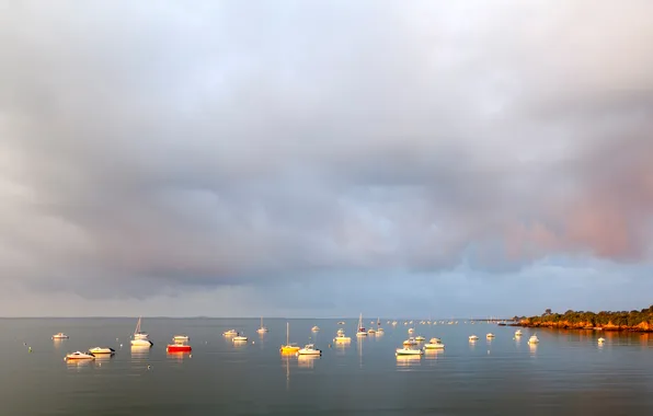 Sea, the sky, clouds, shore, boat, morning, yacht