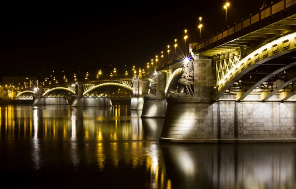 Water, light, night, the city, reflection, river, Hungary, Budapest