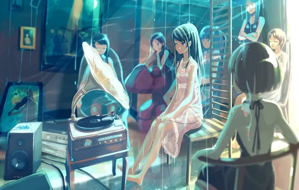 Girls, speakers, under water, the gramophone, in the room, friend, record player, sitting on a …