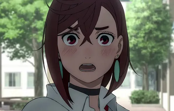 Girl, surprise, earrings, anime, high quality, beautiful eyes, embarrassment, Dandadan