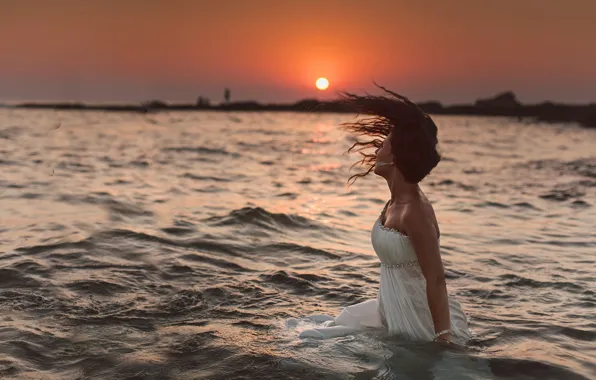 Wave, water, girl, the sun, sunset, dress, the bride