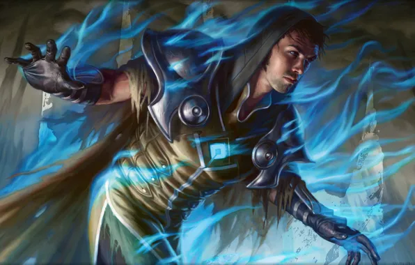 Flame, armor, hood, male, blue, the wizard, Magic The Gathering, Eric Deschamps