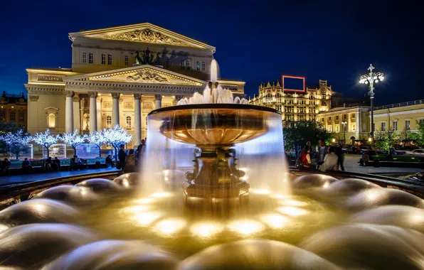 The city, the evening, lighting, backlight, area, Moscow, fountain, The Bolshoi theatre