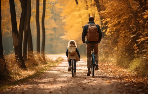 Autumn, light, trees, Park, foliage, child, family, father