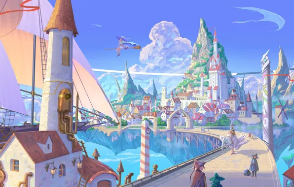The city, ship, fantasy, witch, broom, floating island
