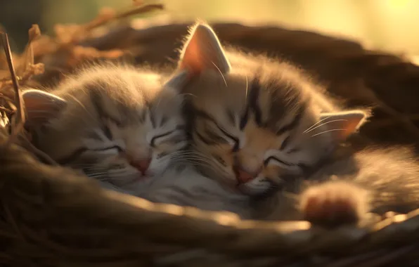 Light, cats, together, sleep, kittens, a couple, basket, sleep