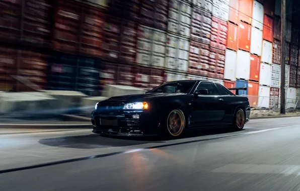 Picture GTR, Light, Nissan, Black, Night, R34, Sight, Container