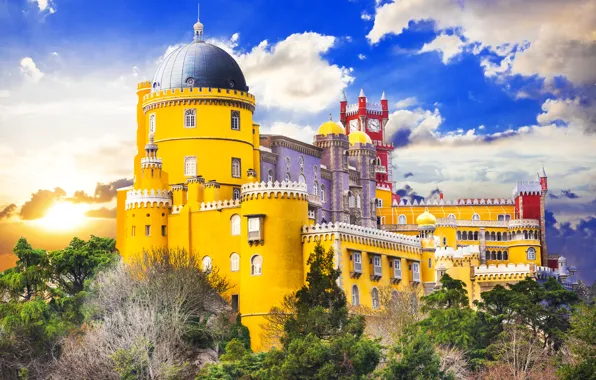 The sky, the sun, clouds, trees, yellow, castle, Portugal, Palace