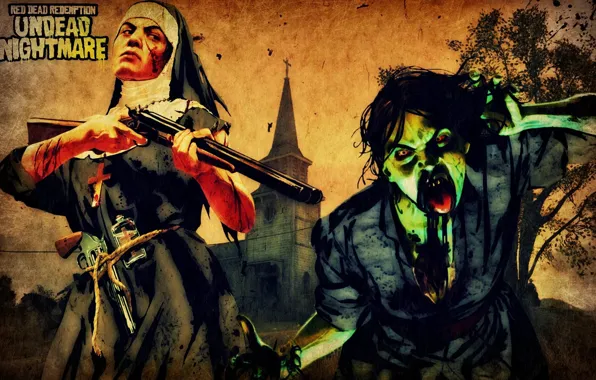 Picture blood, cross, zombies, Church, the gun, revolver, nun, undead