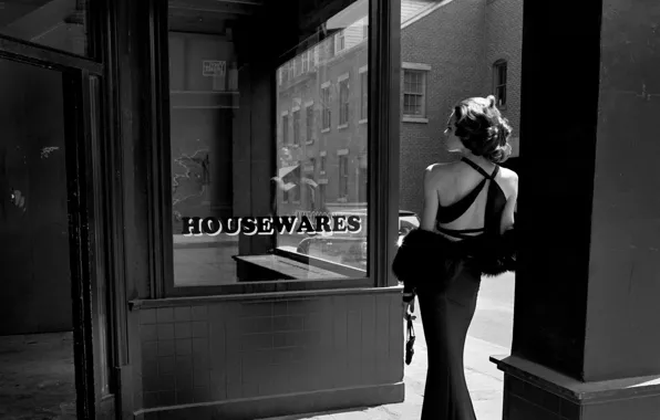Girl, photo, street, back, dress, the door, day, black and white