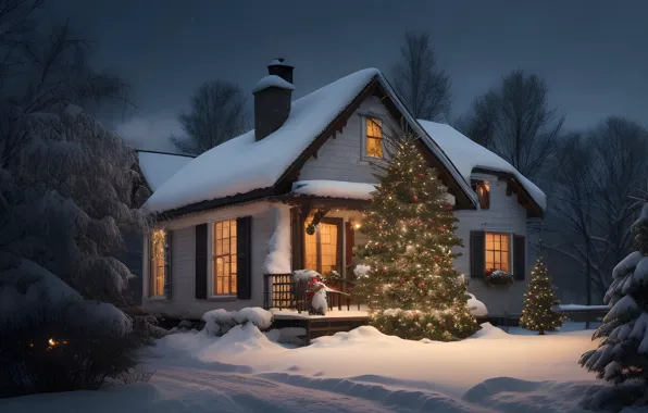 Winter, forest, light, snow, trees, night, nature, comfort