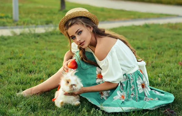 Picture grass, look, girl, pose, rabbit, hat, shoulder, Alina Stanislavsky