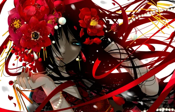 Picture girl, flowers, tape, cross, anime, petals, art, beads