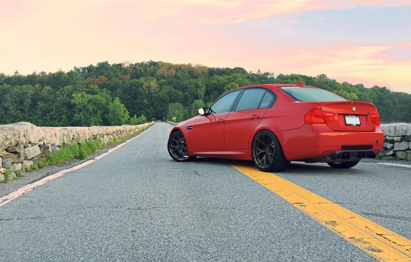 Forest, the sky, clouds, red, bmw, BMW, red, forest