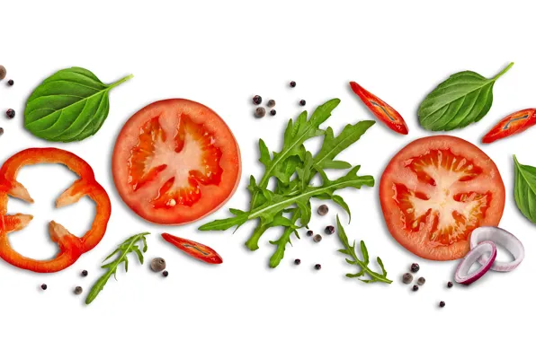Greens, leaves, bow, white background, pepper, tomatoes, slices, cutting