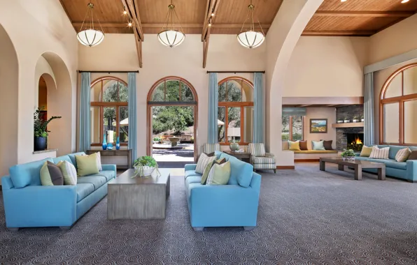 Sofa, pillow, fireplace, mansion, design, living room, living