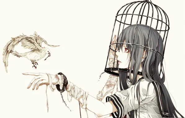 Girl, bird, cell, key, white background, form, schoolgirl, bandages