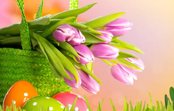 Grass, flowers, basket, eggs, spring, Easter, tulips, grass
