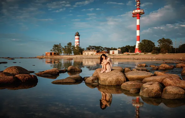 Water, girl, stones, lighthouse, boulders, George Chernyadev, Ekaterina Mozhina, Ekaterina Mozhi As