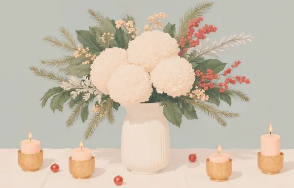 Balls, flowers, branches, table, bouquet, candles, Christmas, New year