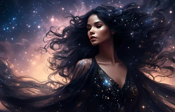 Look, girl, space, stars, night, face, lights, the dark background