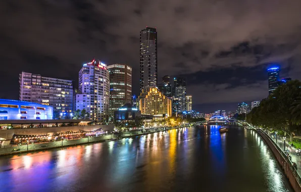 Lights, landscape, night, neon, mirror, landmark, melbourne, langham