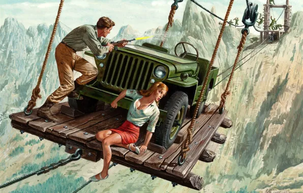 Picture girl, chase, male, crossing, Jeep, Willys MB, Mort Künstler
