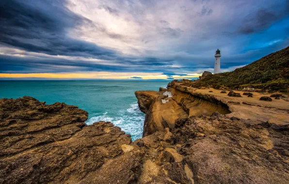 Rocks, coast, lighthouse, New Zealand