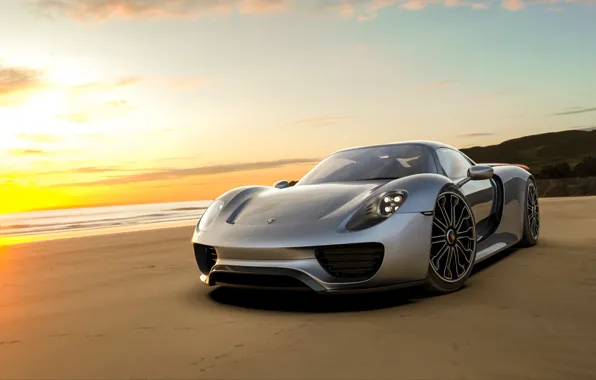 Beach, sunset, rendering, Porsche, supercar, Spyder, 918
