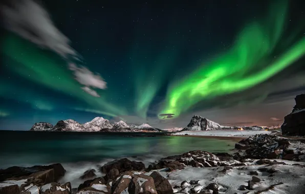 Snow, mountains, Northern lights, mountains, snow, night sky, the night sky, northern lights