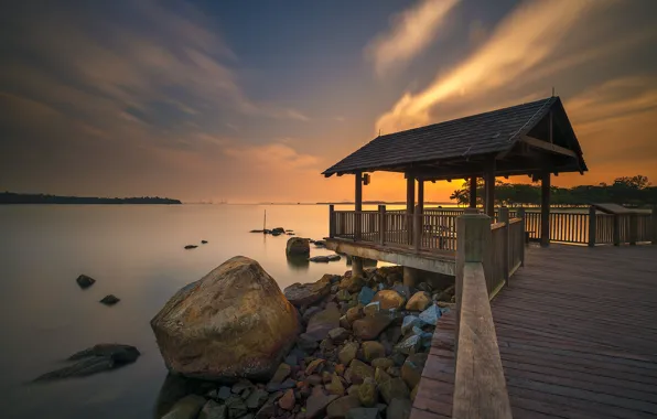 Clouds, stones, Bay, glow, gazebo