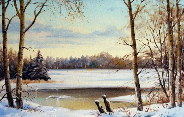 The sky, trees, landscape, river, oil, picture, painting, canvas