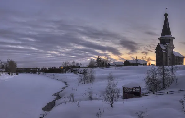 Winter, the evening, village, temple, Saminski Churchyard, Vologda oblast