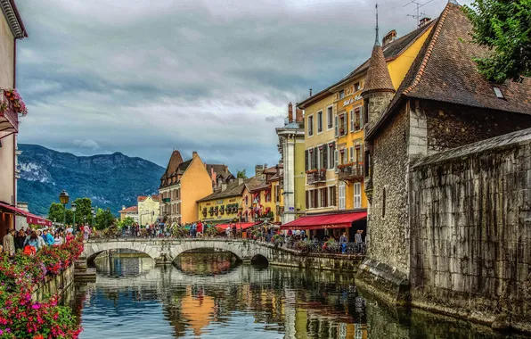 Picture the sky, clouds, mountains, bridge, people, France, channel, restaurants