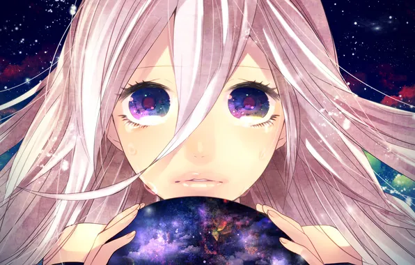 Picture eyes, girl, space, stars, planet, anime, tears, art