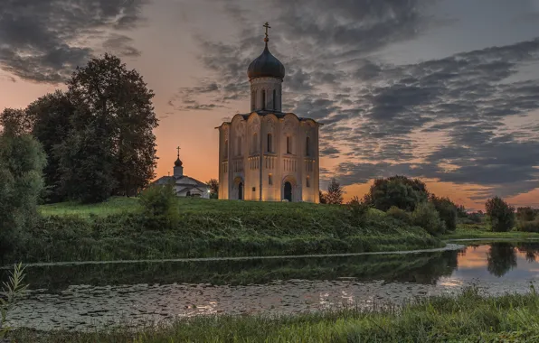 Picture landscape, nature, river, the evening, Church, Nerl, Church of the Intercession, Elena Guseva