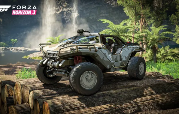 Picture car, Halo, game, river, trees, jungle, race, speed
