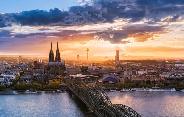 Picture the sky, clouds, bridge, the city, river, Germany, Cologne Cathedral, Cologne