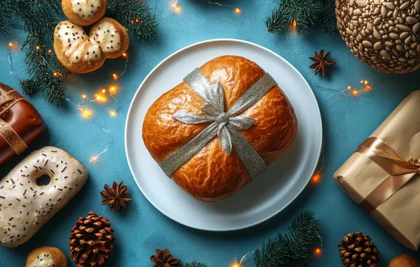 Table, plate, Christmas, pie, New year, bow, bumps, cakes