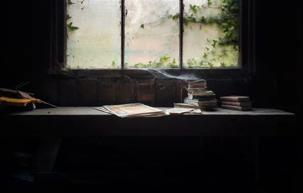 Books, web, dust, window, naturalism