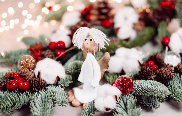 Balls, snow, branches, lights, holiday, toy, angel, Christmas