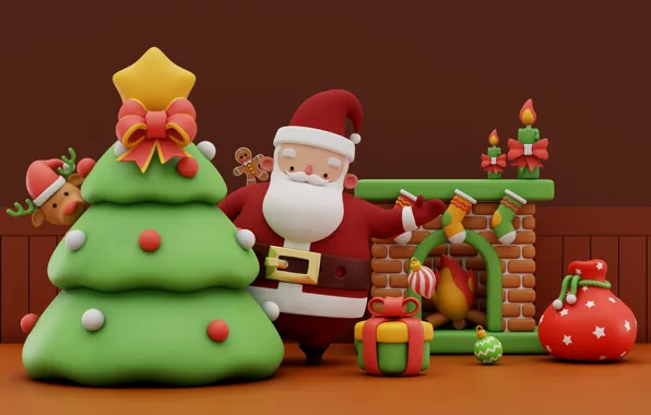 Rendering, gift, toys, Christmas, gifts, New year, fireplace, Santa Claus