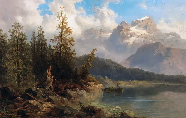 Clouds, Mountains, Lake, Trees, Boat, Picture, Male, Austrian artist