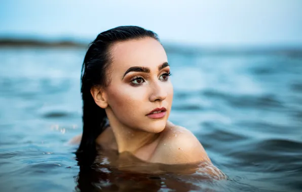 Sea, portrait, wet, makeup, brunette, hairstyle, beauty, in the water