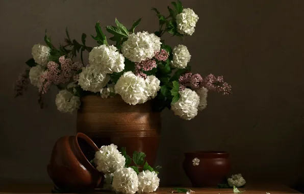 Flowers, table, bouquet, pink, white, still life, pots, lilac