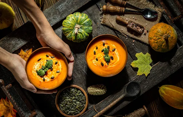 Autumn, leaves, table, Board, food, hands, soup, pumpkin