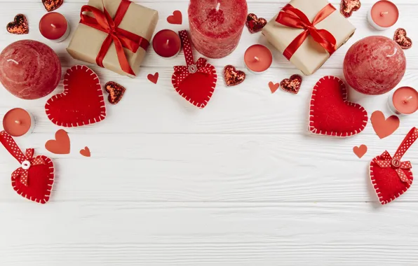 White, background, Love, candles, tape, gifts, hearts, wood