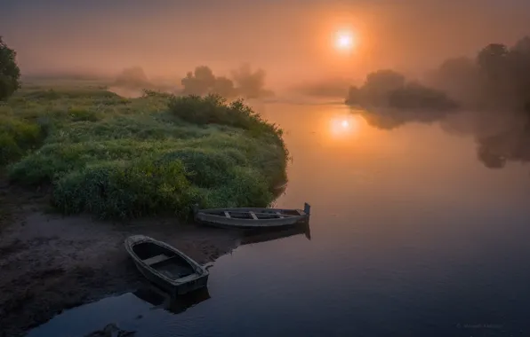 Picture the sun, landscape, nature, fog, river, dawn, boats, morning