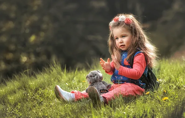 Picture summer, grass, nature, toy, girl, baby, child, bokeh