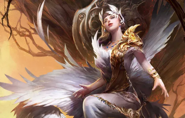 Picture girl, wings, feathers, fantasy, art, sitting
